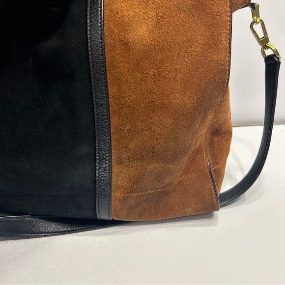 Fossil Carmen Shopper Tote Satchel Brown Black Genuine Leather Suede Key Charm - Picture 3 of 11